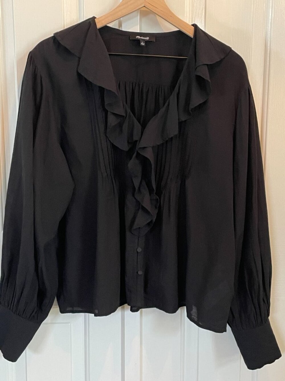 Madewell Black Ruffle Pintuck Balloon Sleeve Blouse L